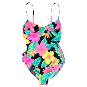 VTG 80s Miss USA Union Made Neon Tropical Ruffle Low Back One Piece Swimsuit
